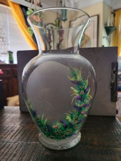 Large Hand-Painted Floral Glass Vase