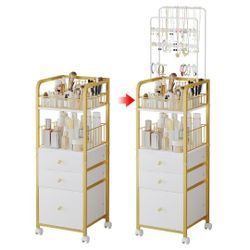 Makeup Organizer Cart with 3 Drawers, Jewelry Organizers and Storage for Earring Necklace, Large Vanity Storage Organizer for Skin Care Perfume Make u