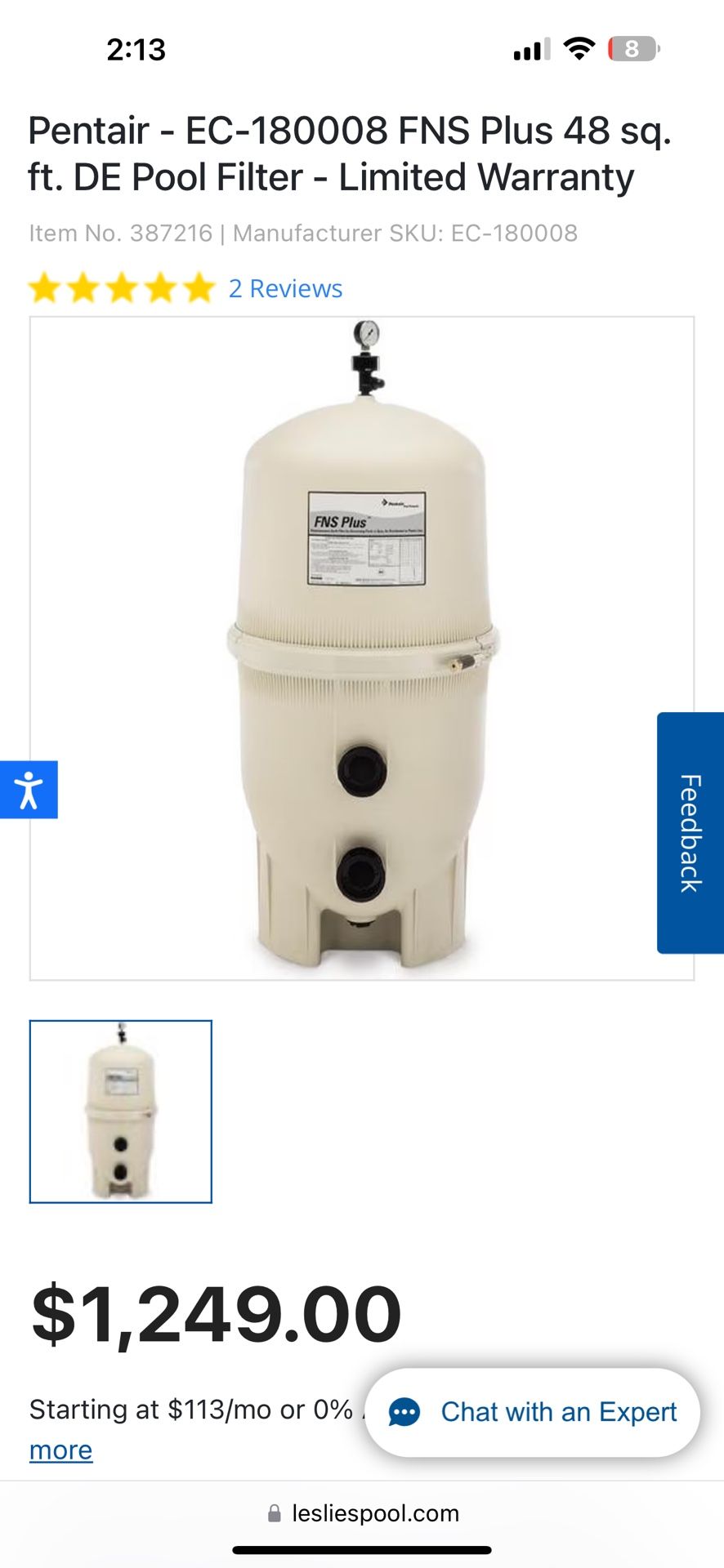 Excellent Condition + Cartridge Pentair - EC-180008 FNS Plus 48 sq. ft. DE Pool Filter