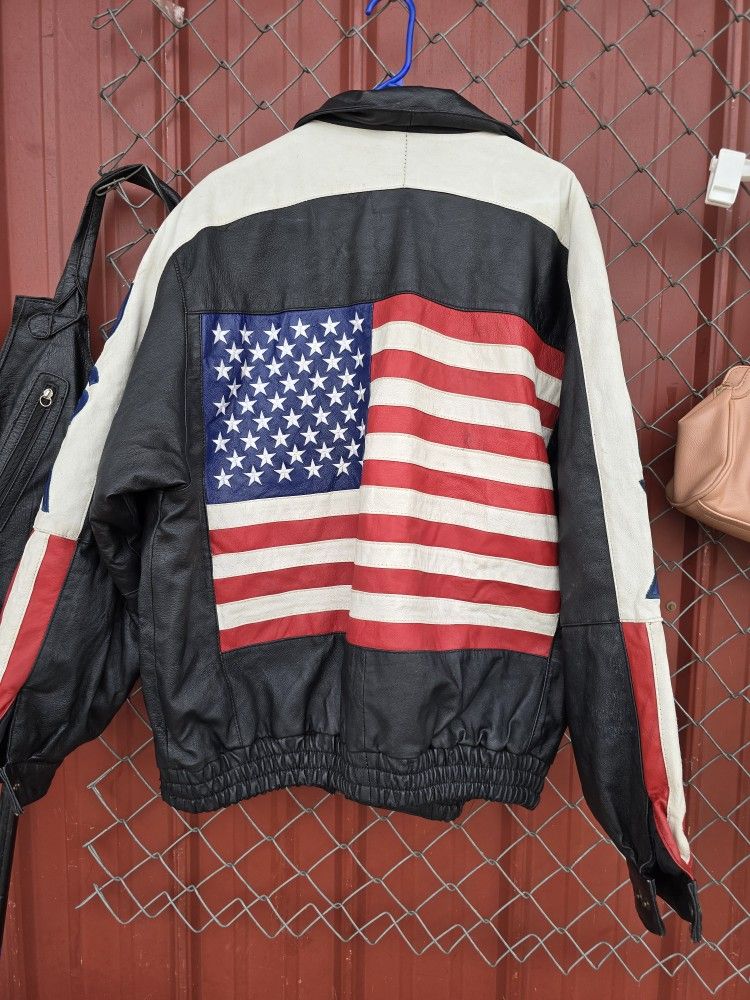 Black Leather Patriotic Bomber Style Biker Jacket Men's Size 3XL