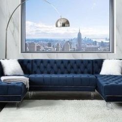 Brand New Navy Blue Velvet Tufted Sectional