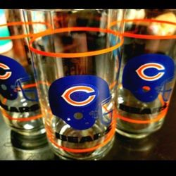 Chicago Bears; Vintage, 3x(1985 Mobil) Tall Glasses, Firm, Ship Available W/Paypal. More Bears Items, Ask.