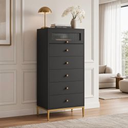 6 Drawer Dresser, 55" Tall Chest of Drawers with Glass Doors, Wood Storage Cabinet for Bedroom Liv