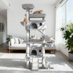 80 Inch Cat Tree, Large Cat Tower with 9 Scratching Posts, 2 Perches, 2 Caves, 2 Basket, 2 Stairs, Extra Large Hammock, Multi-Level Plush Cat Condo fo