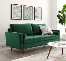 Green Loveseat Sofa – Modern Upholstered Couch with Bolster Pillows