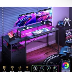 Computer Desk, Gaming Desk with LED Lights & Power Outlets, Office Desk with Fabric File Cabinets, 55.1" Gaming Table with Long Monitor Stand, PC Game