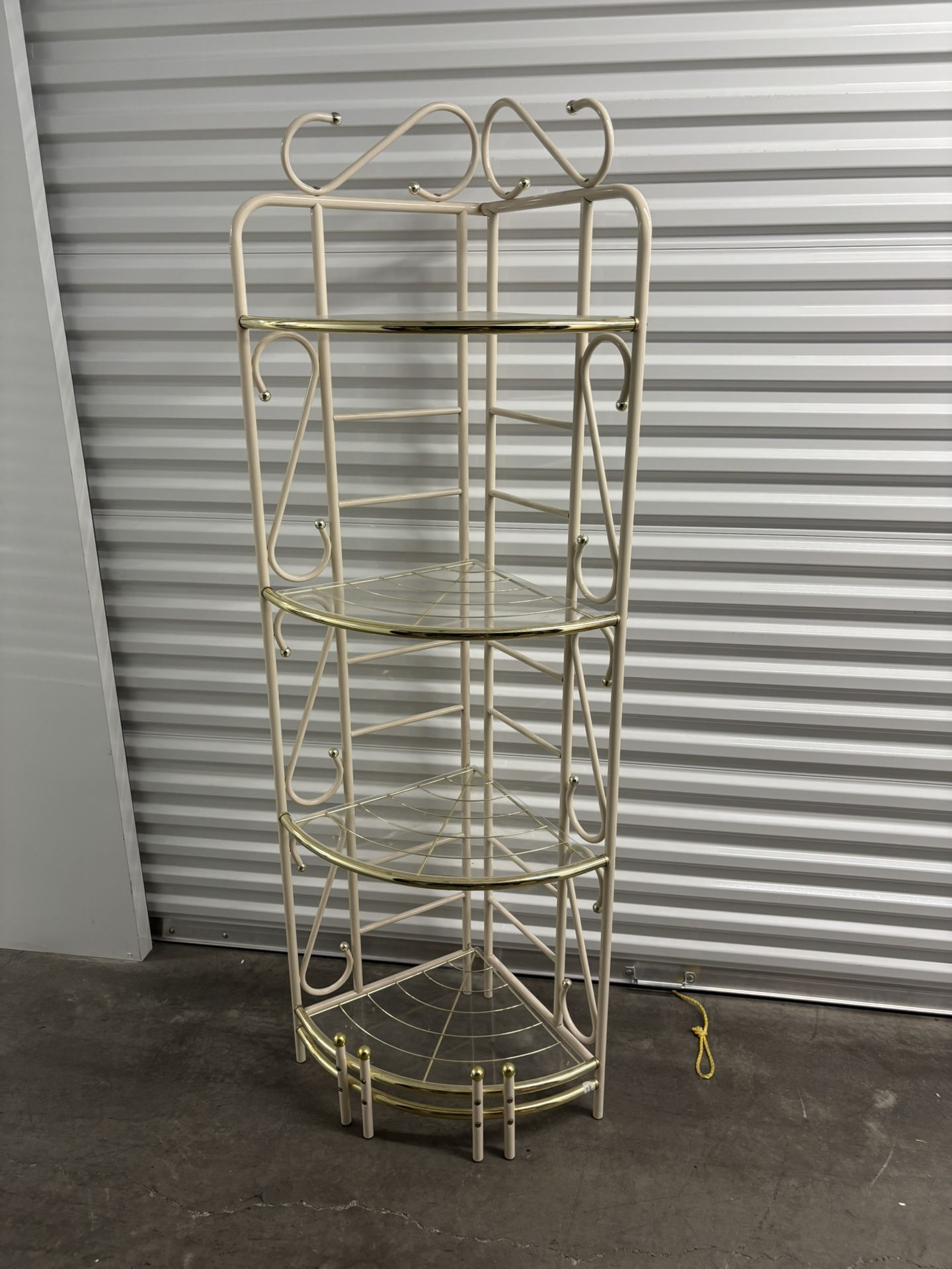 Vintage Brass Style and Lacquered Metal Corner Baker’s Rack Shelf with Plexiglass