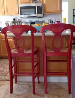 Pottery Barn Bar Stools Red Wood Wicker Two Only 