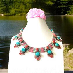 Vintage & Handcrafted Ethnic Indo/ Tibet Tribal Necklace With Inlay Stones Set In Silver 126grams