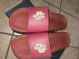 Darc sport Red Slide Sandals with Gold Wolf Logo