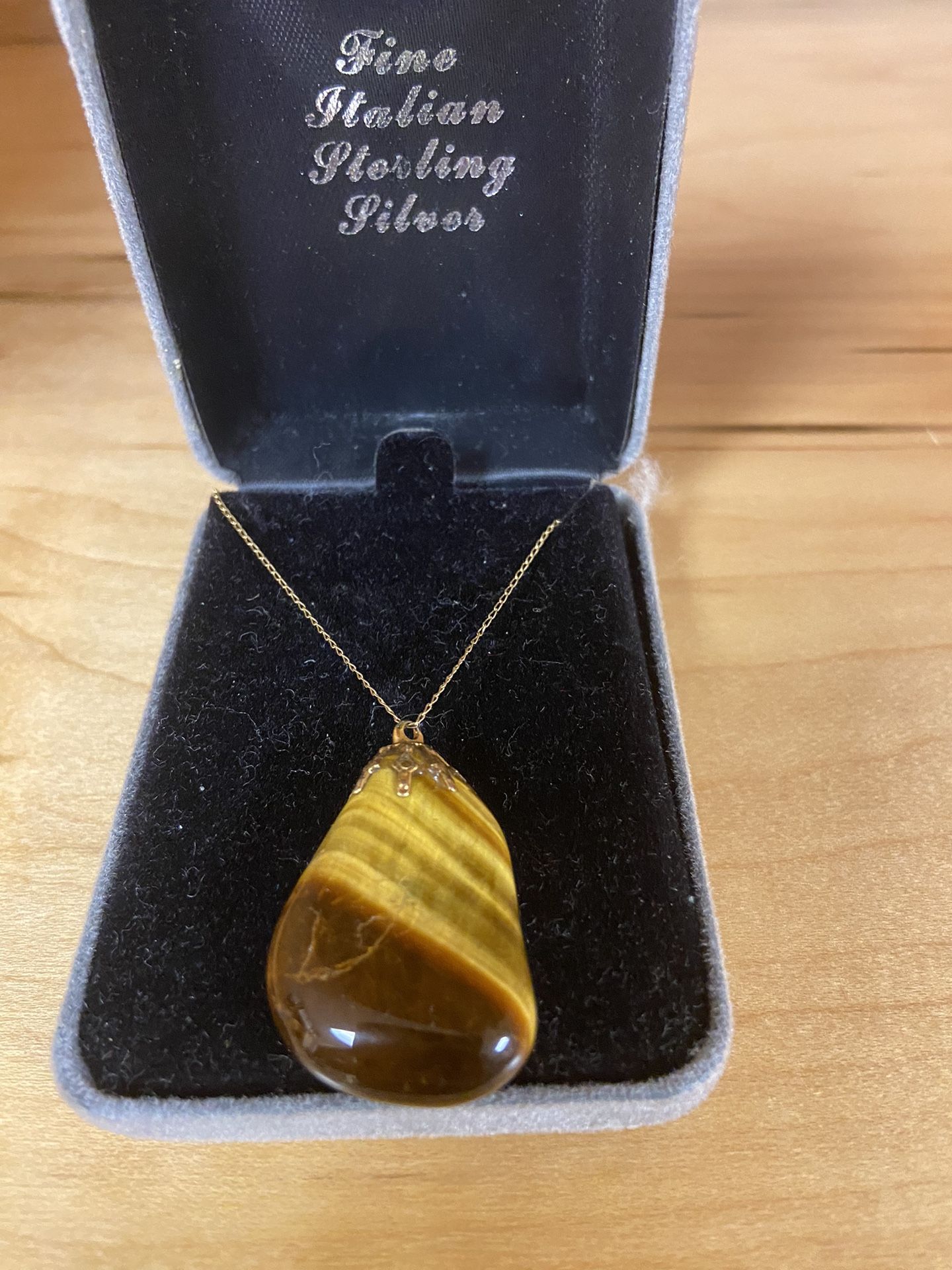 VINTAGE TIGER EYE STONE WITH 14KT GOLD CHAIN CUSTOM MADE NECKLACE