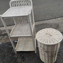 Three Tier Wicker Shelf And Wicker Laundry Basket