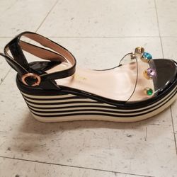 Black Platform Sandsls with Multicolor Stones