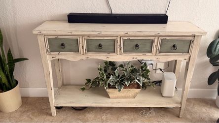 Distressed Farmhouse Console Table – 2 Large Drawers + Shelf
