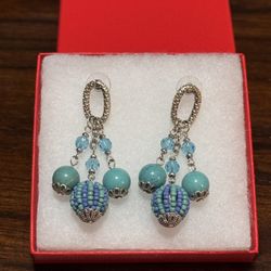 Beautiful Teal Dangle Beaded Ball Earrings