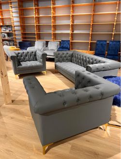 Brand New PU leather Modern contemporary Button Tuffed With Gold Nailhead Trim Goldtone Metal Y-leg sofa 3 pcs