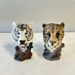 White Tiger & Cheetah Resin Bust Figurines – Wildlife Décor Set