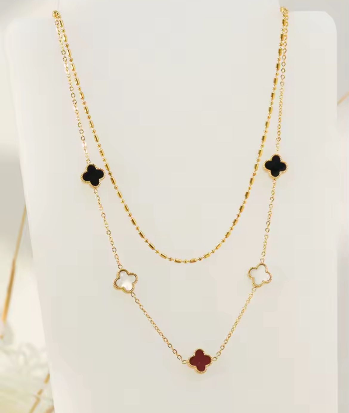 Stainless Steel 18K Gold-Plated Four-Leaf Flower Beaded Double Necklace