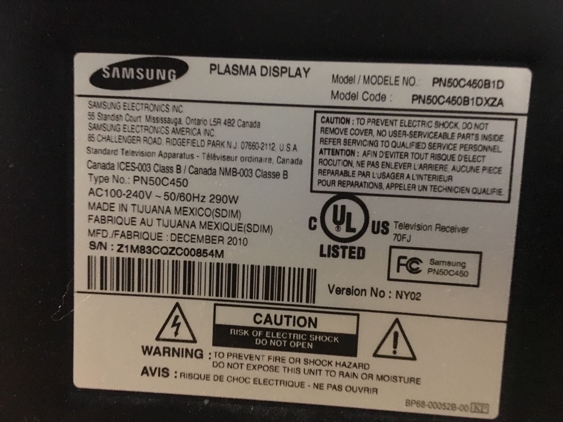 Samsung 50 inches plasma tv. Model # PN50C450B1D
