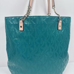 Michael Kors Jet Set NS Deep Sea Green Chain Tote Bag MK Signature Patent Leather