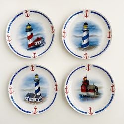 Nautical Lighthouse Plate Set  Blue and Red 8”