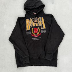 Black Bodega hoodie with bold red and yellow logo size Large