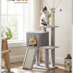 Cat Tree, 46.5-Inch Cat Tower for Indoor Cats, Multi-Level Plush Cat Condo, Scratching Post, Ramp, 3 Removable Pompom Sticks, Cat Cave, Light Gray UPC