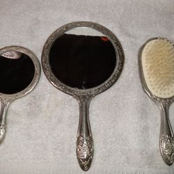 Antique Silver Mirrors And Brush Set
