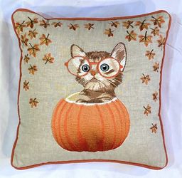 New Pier 1 Embroidered Fall Kitty Cat Pumpkin Pillow 