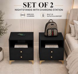 Set of 2 Nightstands with Wireless Charger Station Modern Bedside Tables K-53