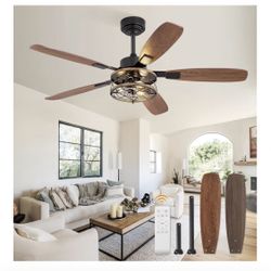 52 Inch Farmhouse Ceiling Fan with Light and Remote, Black Industrial Caged Flush Mount Ceiling Fans with 6 Speed Reversible Motor and Dual Finish 5 B