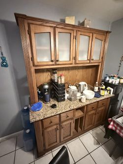“Solid Oak Kitchen Hutch / Buffet Cabinet with Granite