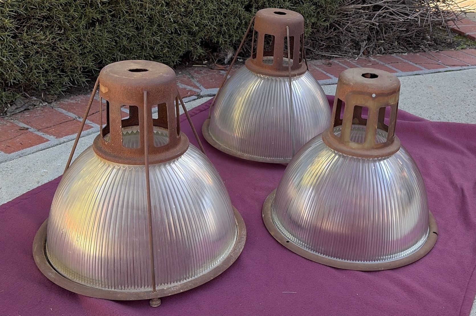 SET OF 3 ANTIQUE INDUSTRIAL RIBBED DOME GLASS HANGING LIGHTS LAMPS!!