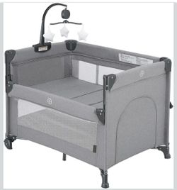 Baby Pack and Play Bassinet Portable Playard Bedside Sleeper with Music Mobile