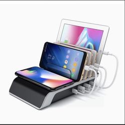 Charging Hub for Desks, Adjustable Dividers, Wireless Charge Pad, 4 USB Ports - Black