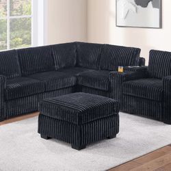 Black Corduroy Sectional Sofa With Ottoman 