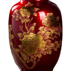 Red Oriental Ceramic Vase with Gold Peony Design – 9” Tall (New in Box)