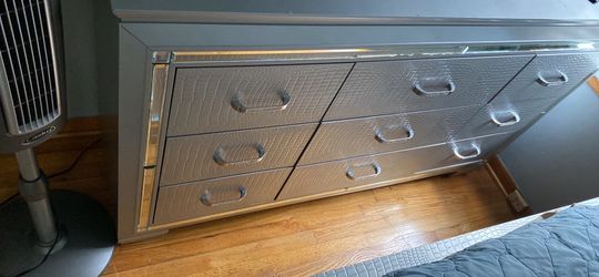 Silver Dresser and nightstand with mirror accents