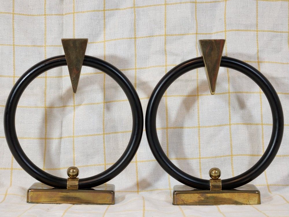 Vintage Modern Art Deco Black Ring and Brass Candle Holders / Candlesticks