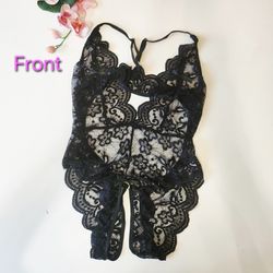 Black lace mesh ladies womens floral flower bodysuit crotchless pajama lounge wear lingerie Gift