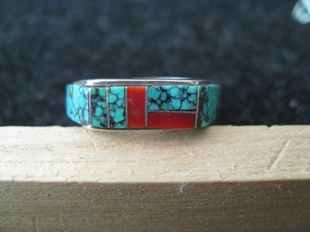 Vintage Turquoise And Coral Inlay, Sterling Ring Size 8 NO OFFERS