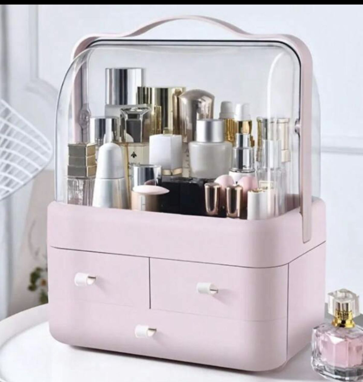 Desktop Cosmetic Storage Box, Large Capacity Portable Makeup Case, Dustproof Flip Cover Beauty Organizer For Vanity