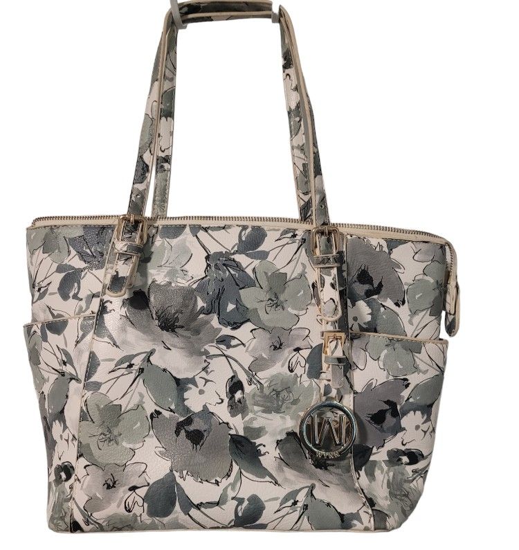 Wynn Classic Floral Handbag Womens Faux Leather Tote Bag 15 in Green Gray White