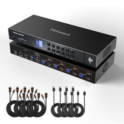 TESmart 4K@144Hz Displayport+HDMI KVM Switch 2 Monitors 4 Computers, HDMI 2.1 & DP 1.4 KVM Switch Dual Monitor 8K@60Hz, Support EDID, Gigabit Network,