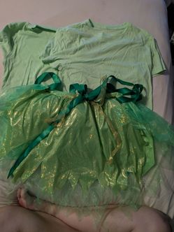 S131) lime green shirts size small and medium adult plus Tinkerbell wrap around skirt