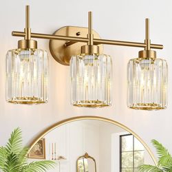 3-Light Modern Crystal Bathroom Vanity Brushed Gold Fixture Over Mirror 18" 