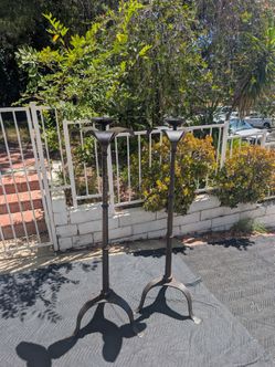 Pair of Large Vintage Wrought Iron Floor Candlesticks – Hammered Gothic Altar Stands