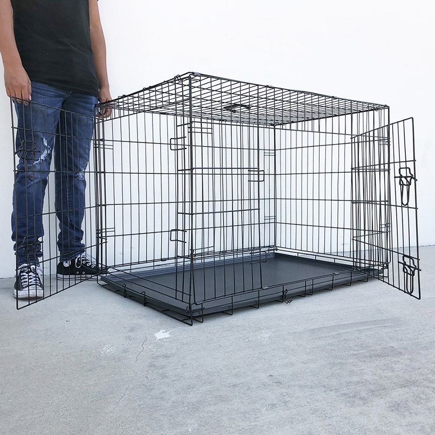 (NEW) $65 Folding 42” Dog Cage 2-Door Pet Crate Kennel w/ Tray 42”x27”x30” 