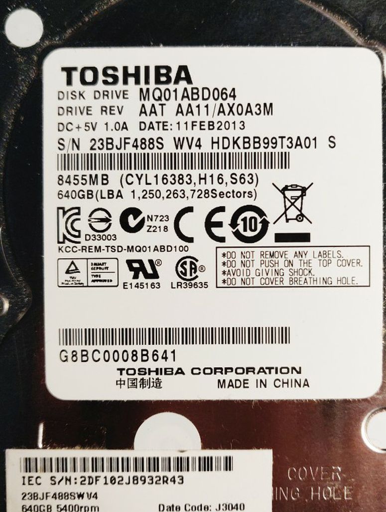 Laptop HDD 2.5in Hard Drive Toshiba 640gb 5400rpm