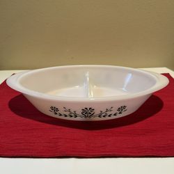 Glasbake Oval Divided Milk Glass Casserole Baking Dish Green Daisy